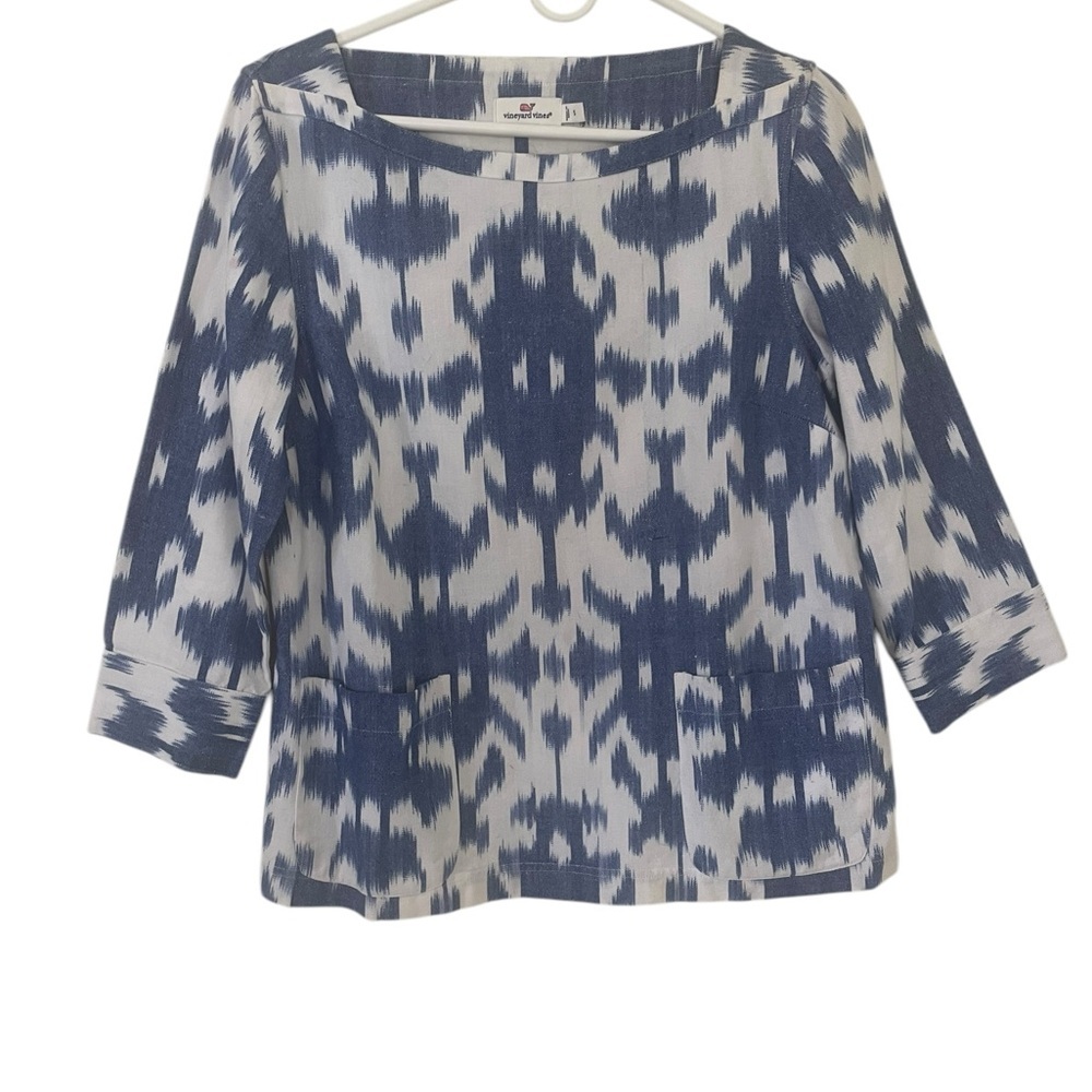 Vineyard Vines Ikat Top White and‎ Blue Thick Cotton with Pockets Size Small EUC